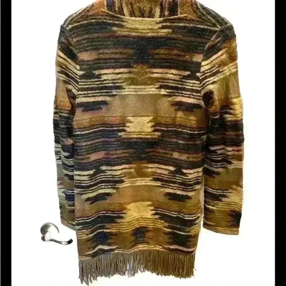 Lucky Brand  Southwestern Tan Blue Aztec Fringe Cardigan Open Front  Size Medium - Picture 2 of 6